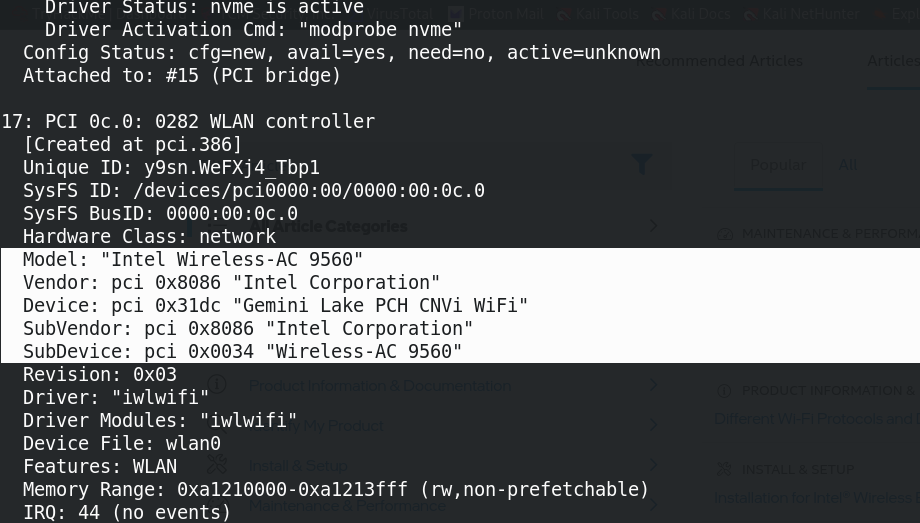 Screenshot of CLI, showing hardware output for WLAN controller.