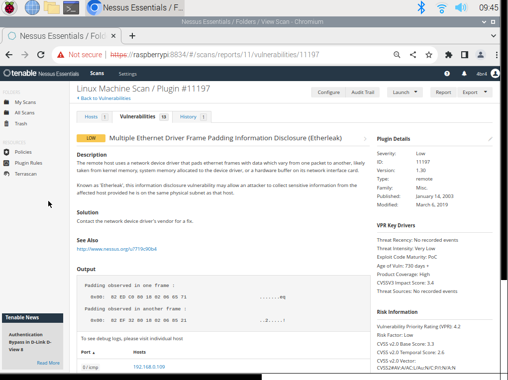 Screenshot of Low classified vulnerability, Etherleak