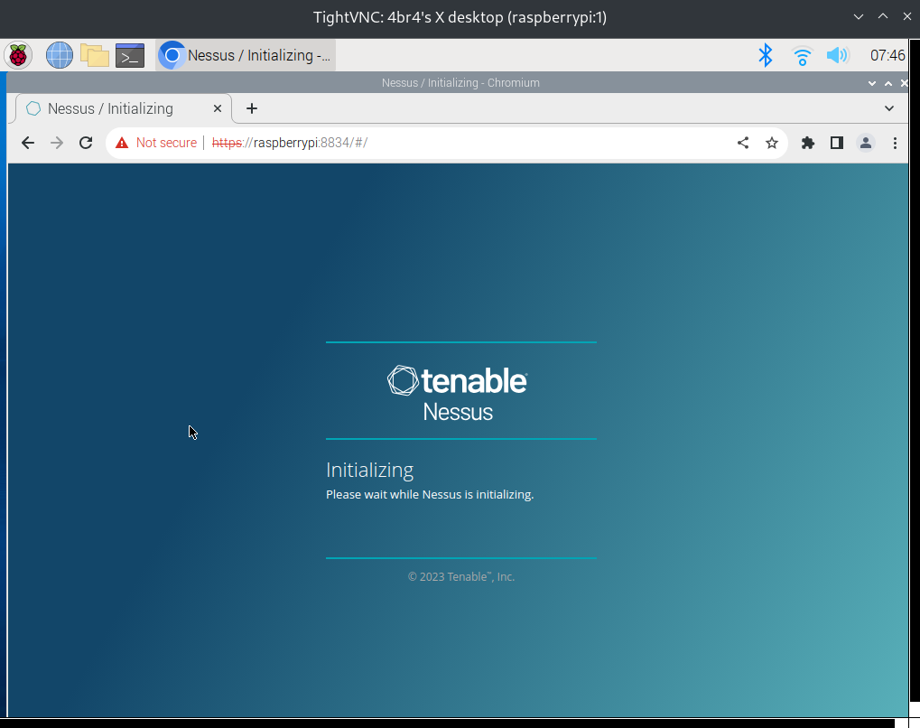 Screenshot from vncviewer perspective of Pi GUI, displaying Tenable Nessus intialising