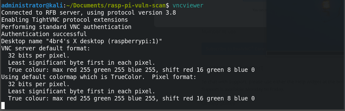 Screenshot displaying vncviewer command output following authentication